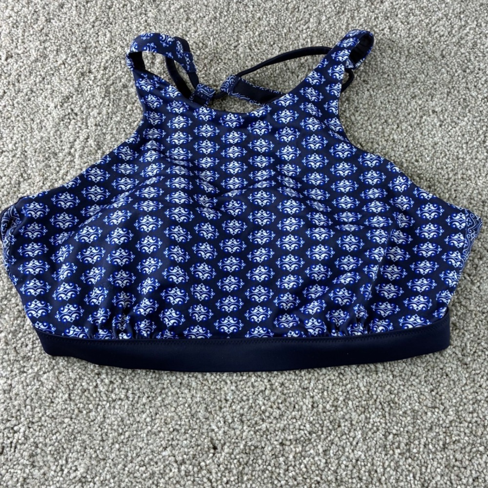 ATHLETA Blue Pattern High Neck Longline‎ Bra Top 36D/DD Activewear Sports Bra